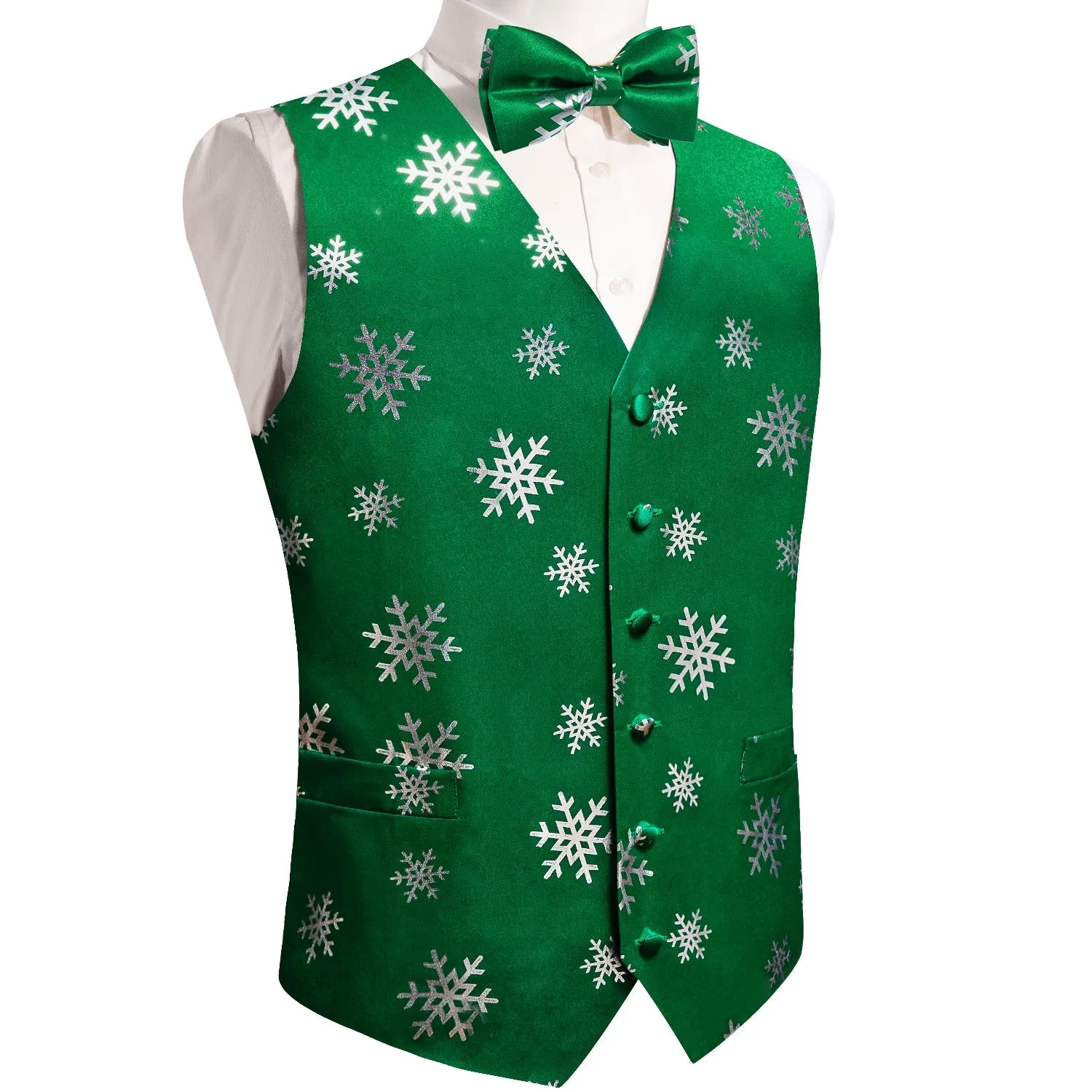 Green Sliver Christmas Snowflake Novelty Silk Men's Vest Bow Tie Handkerchief Cufflinks Set