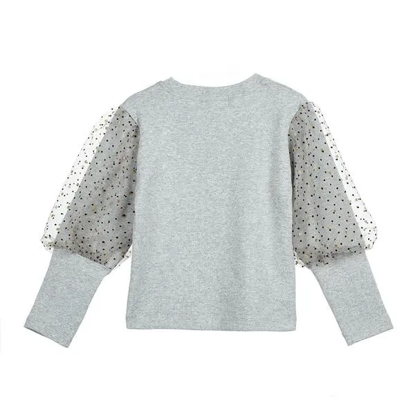 Grey Mesh Dots Sleeves Top