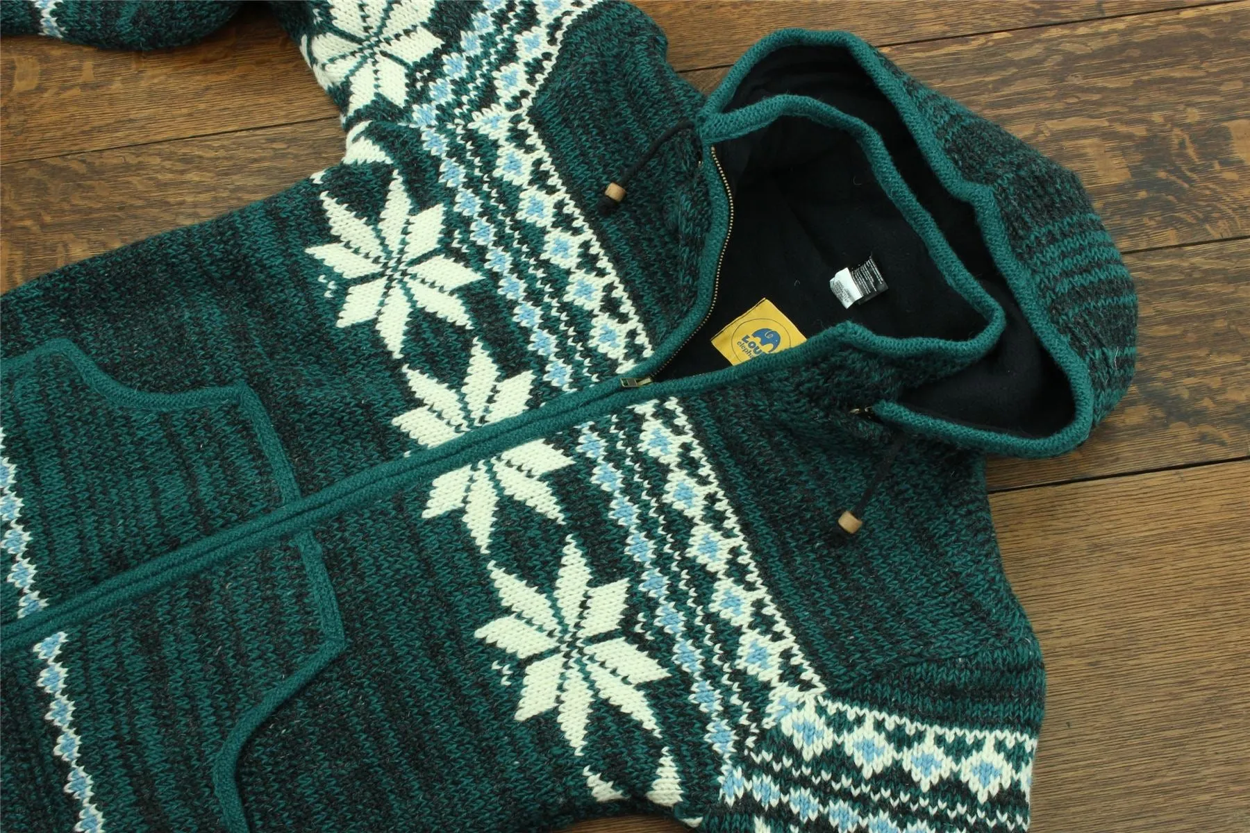 Hand Knitted Wool Hooded Jacket Cardigan - Fairisle Teal