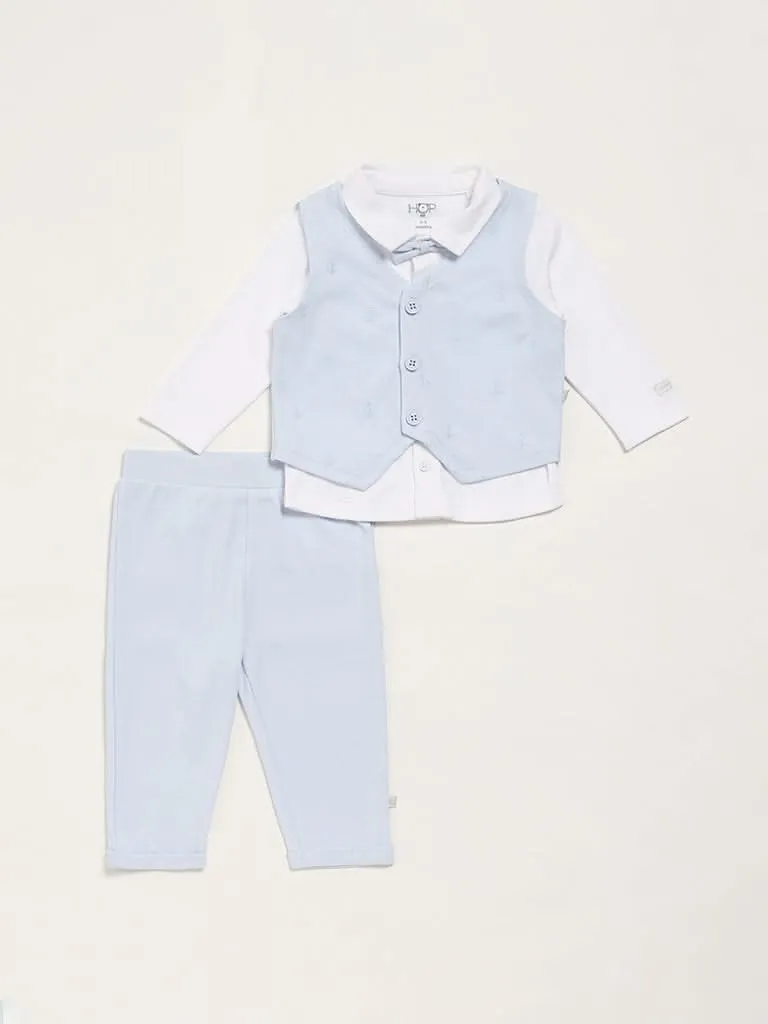 HOP Baby Embroidered Blue Shirt, Waistcoat & Trousers Set