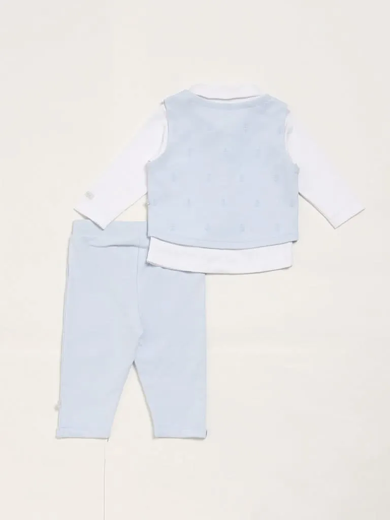 HOP Baby Embroidered Blue Shirt, Waistcoat & Trousers Set