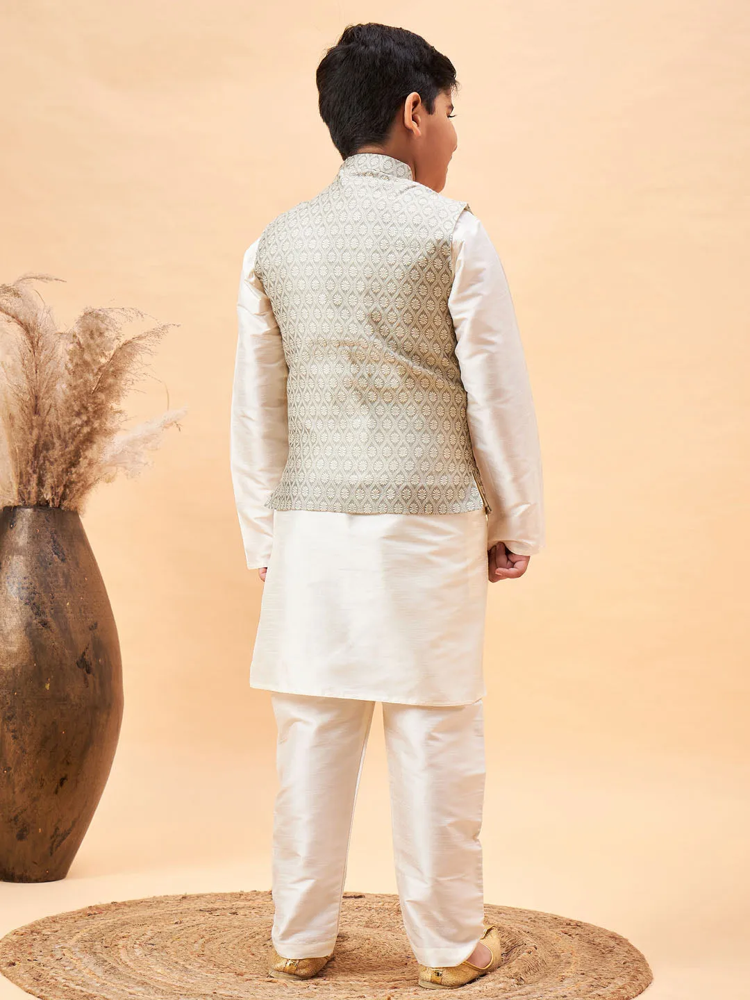 Jashvi Boy's Beige Woven Jacket With Cream Kurta and Pyjama Set