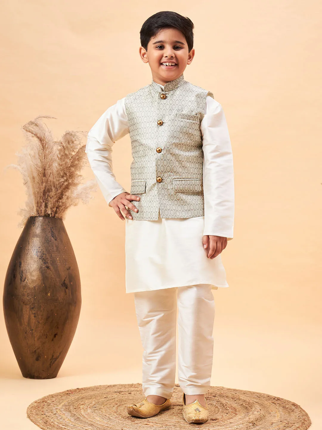 Jashvi Boy's Beige Woven Jacket With Cream Kurta and Pyjama Set