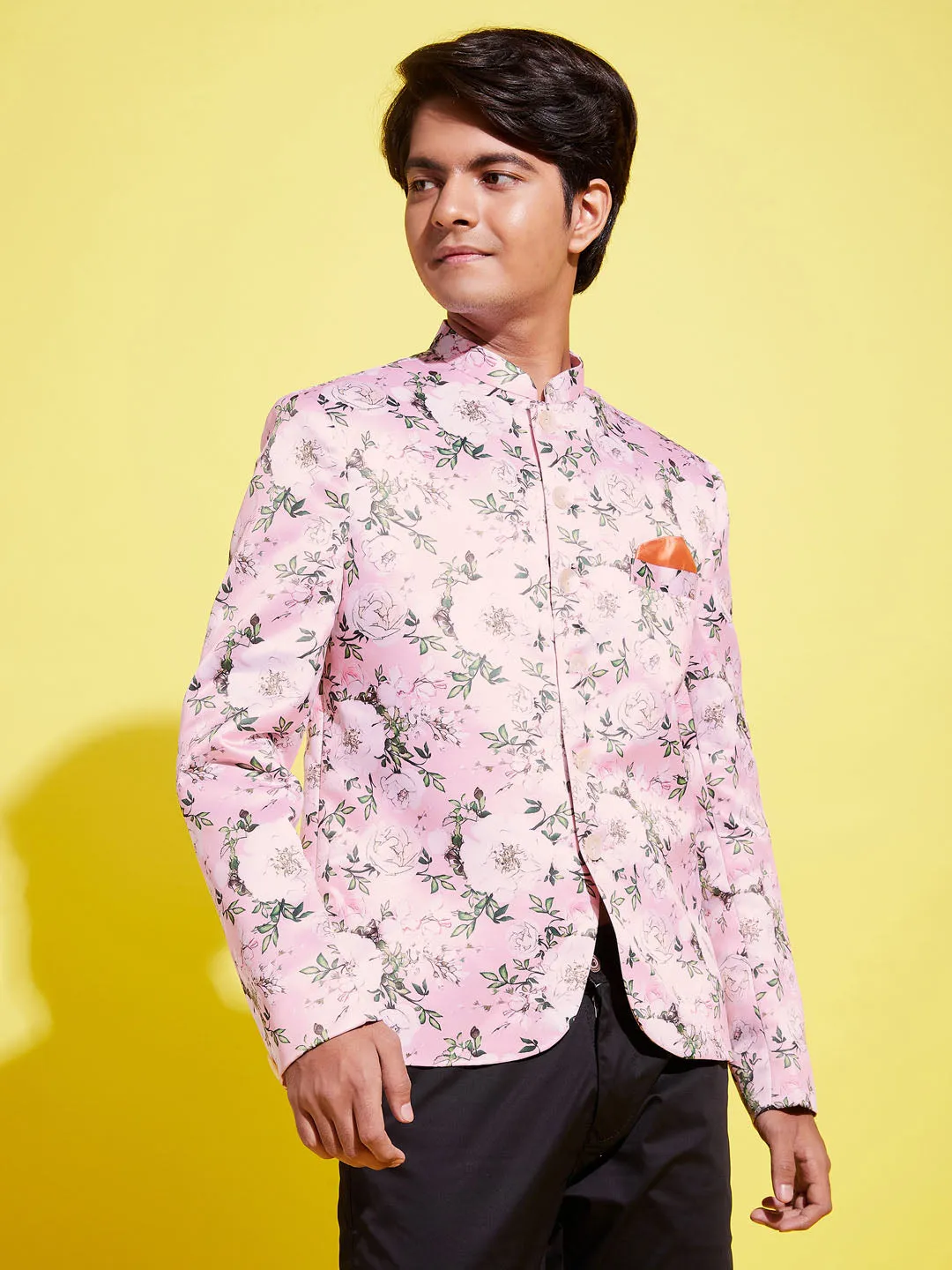 Jashvi Boy's Floral Printed Pink Bandhgala Prince Coat Jodhpuri