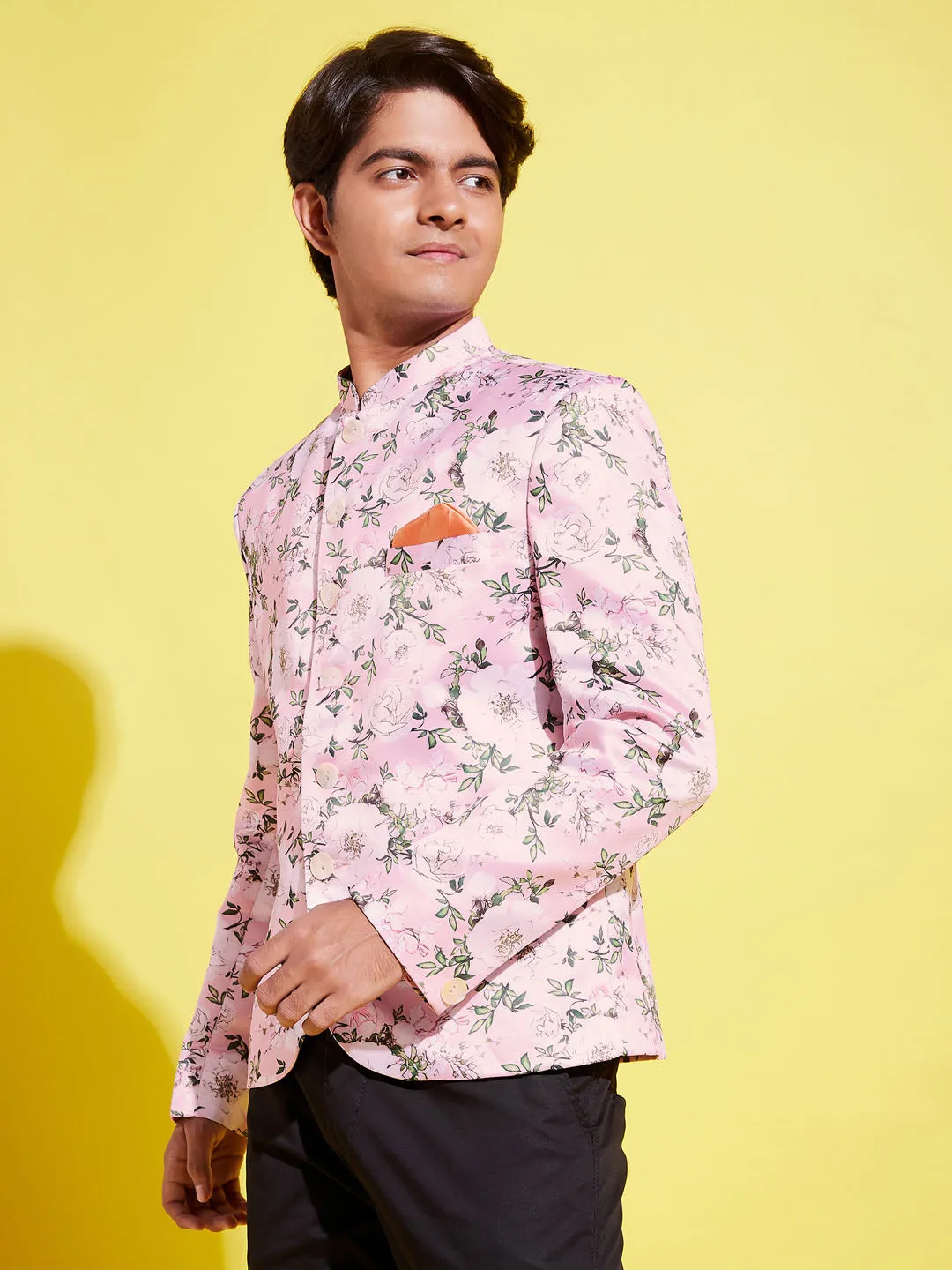 Jashvi Boy's Floral Printed Pink Bandhgala Prince Coat Jodhpuri