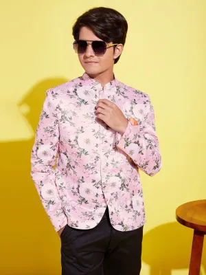 Jashvi Boy's Floral Printed Pink Bandhgala Prince Coat Jodhpuri