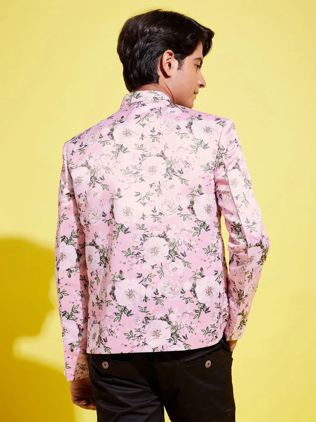 Jashvi Boy's Floral Printed Pink Bandhgala Prince Coat Jodhpuri