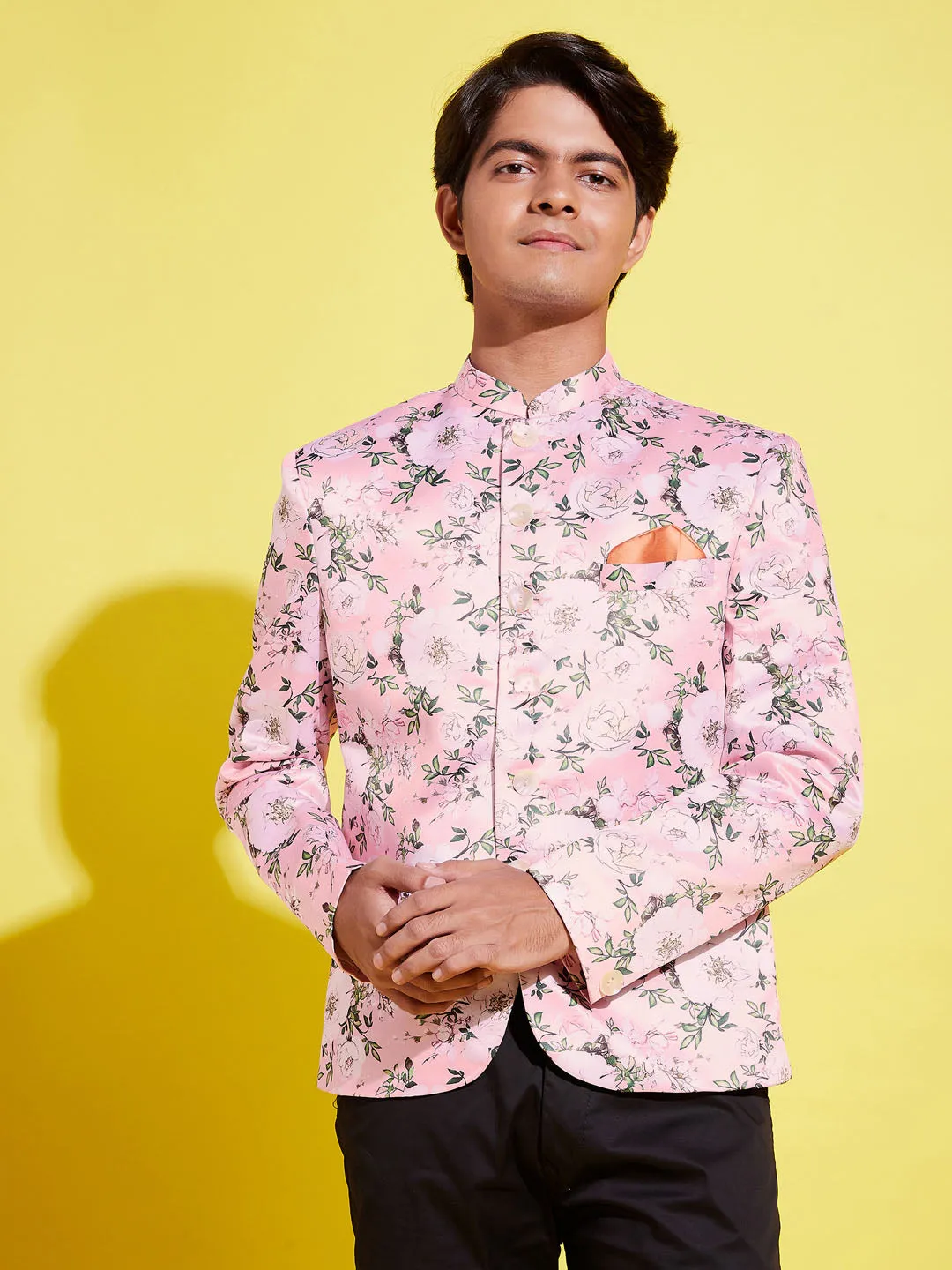 Jashvi Boy's Floral Printed Pink Bandhgala Prince Coat Jodhpuri