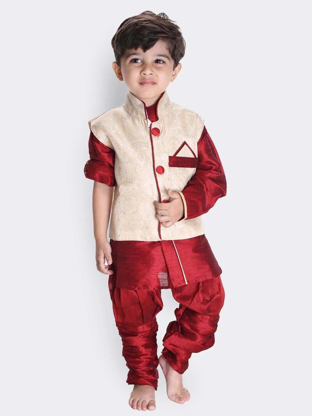 Jashvi Boys' Maroon Cotton Silk Kurta, Waistcoat and Pyjama Set