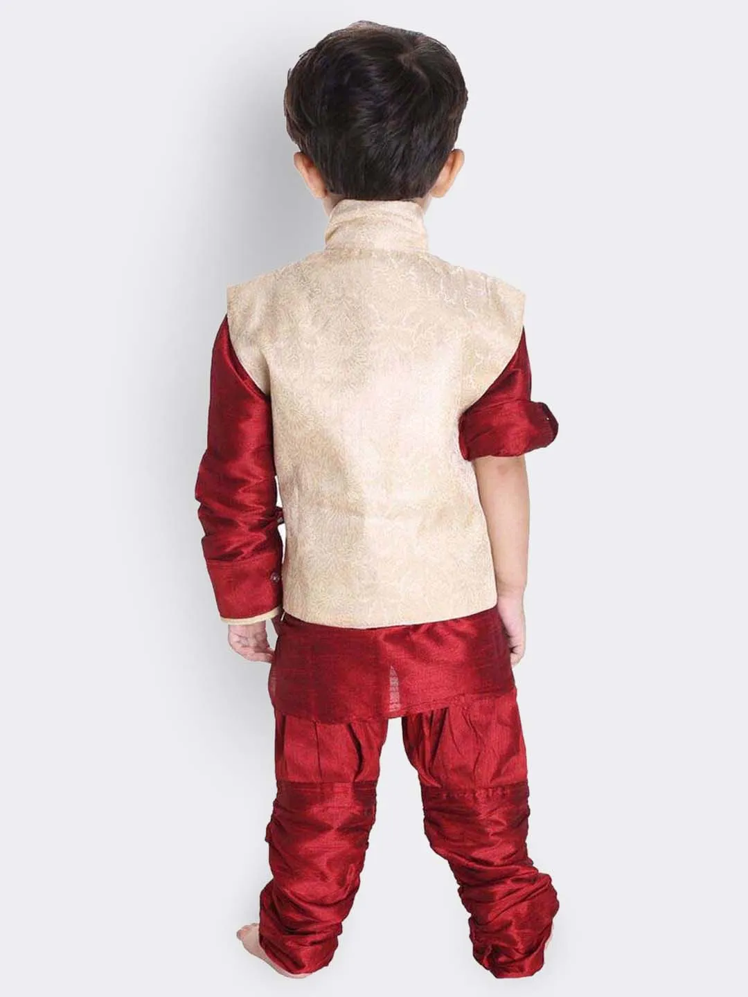 Jashvi Boys' Maroon Cotton Silk Kurta, Waistcoat and Pyjama Set