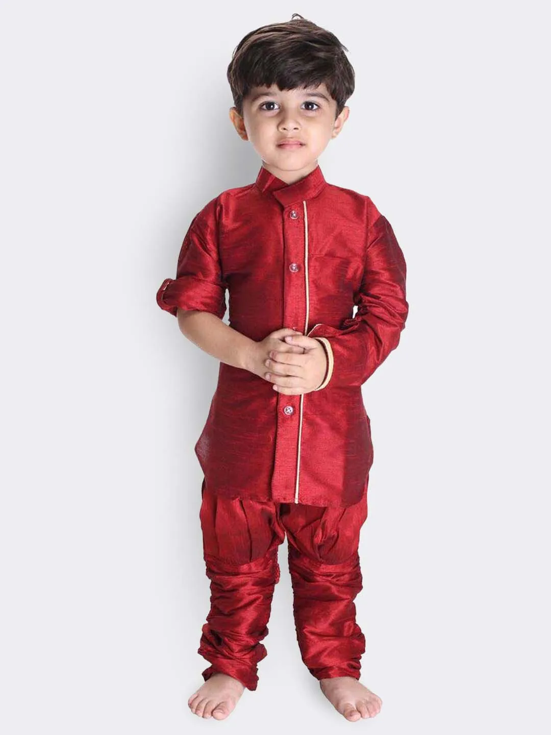 Jashvi Boys' Maroon Cotton Silk Kurta, Waistcoat and Pyjama Set