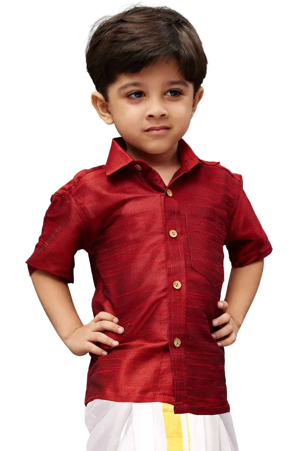 Jashvi Boys Maroon Gold Opaque Ethnic Shirt