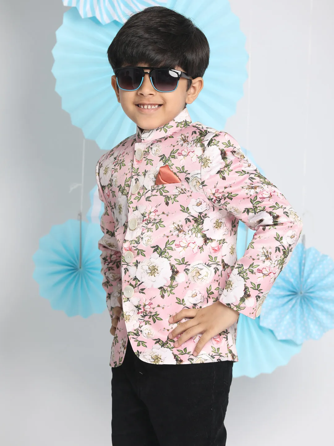 Jashvi Floral Printed Pink Bandhgala Prince Coat Jodhpuri