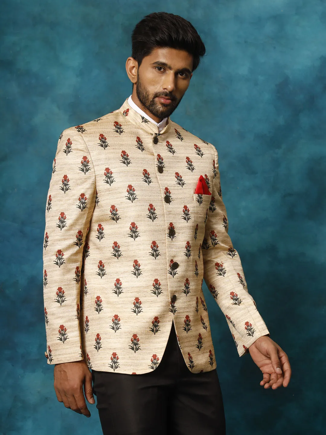 Jashvi Men's Beige Printed Silk Jodhpuri