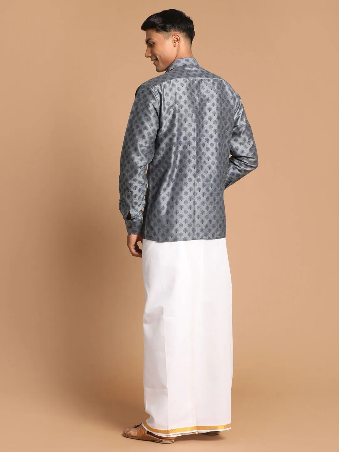 Jashvi Men's Gray Silk Blend Printed Shirt And Mundu Set