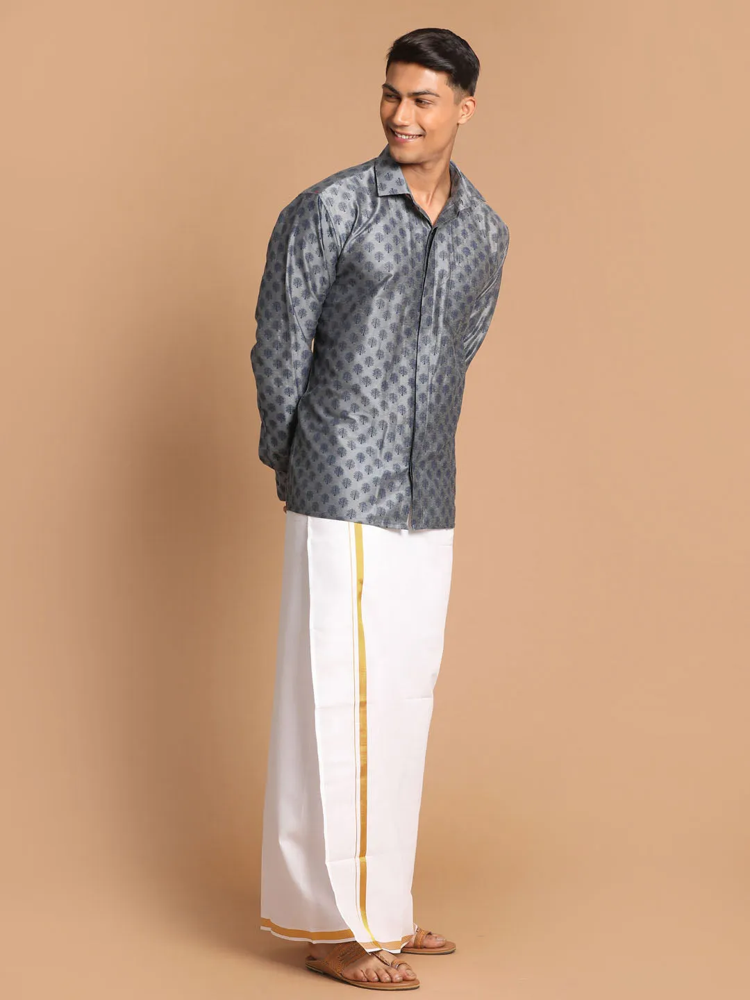 Jashvi Men's Gray Silk Blend Printed Shirt And Mundu Set