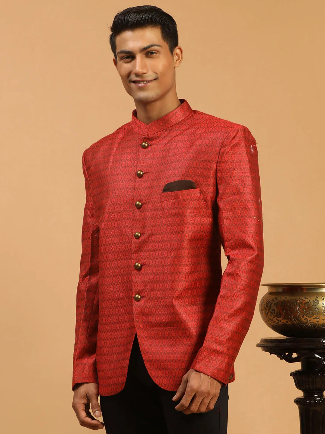 Jashvi Men's Maroon Silk Blend Woven Jodhpuri