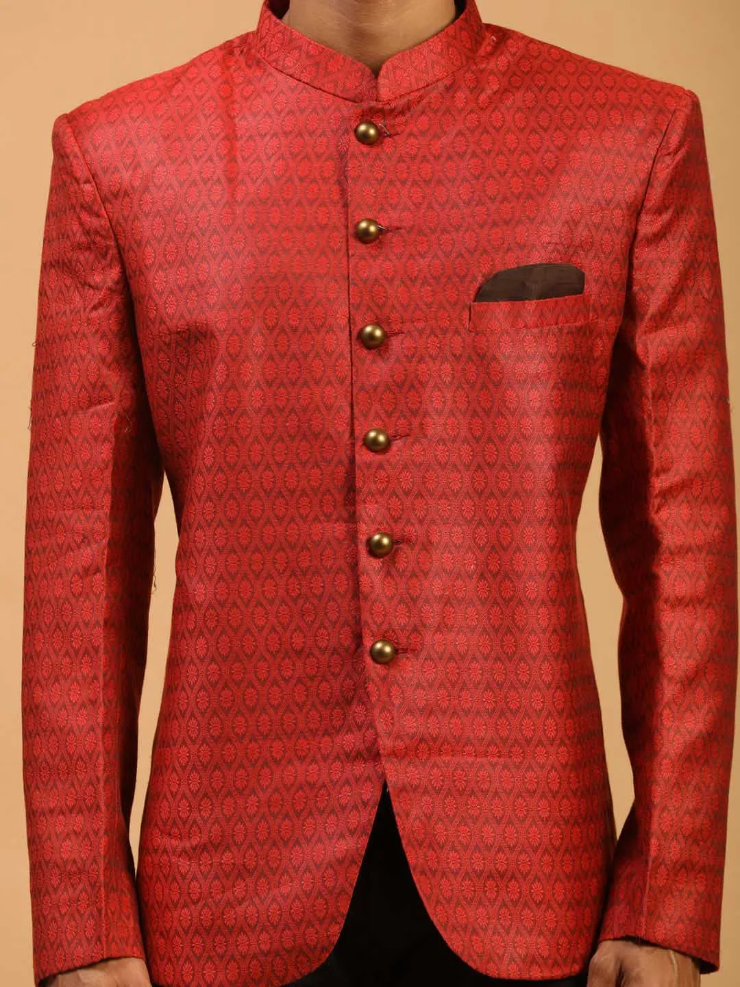 Jashvi Men's Maroon Silk Blend Woven Jodhpuri