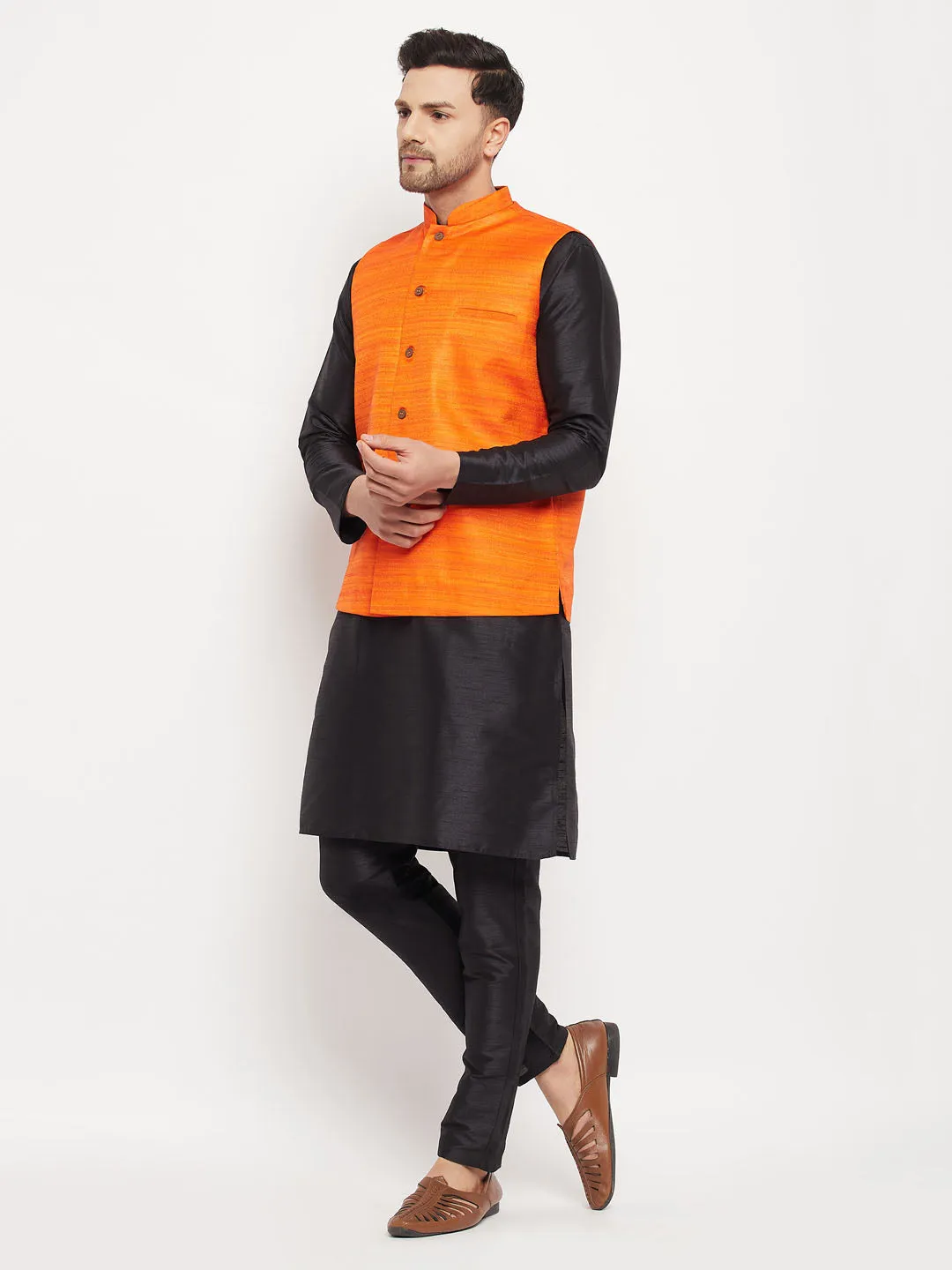 Jashvi Men's Orange Matka Silk Nehru Jacket With Black Silk Blend Kurta and Pant style Pyjama Set