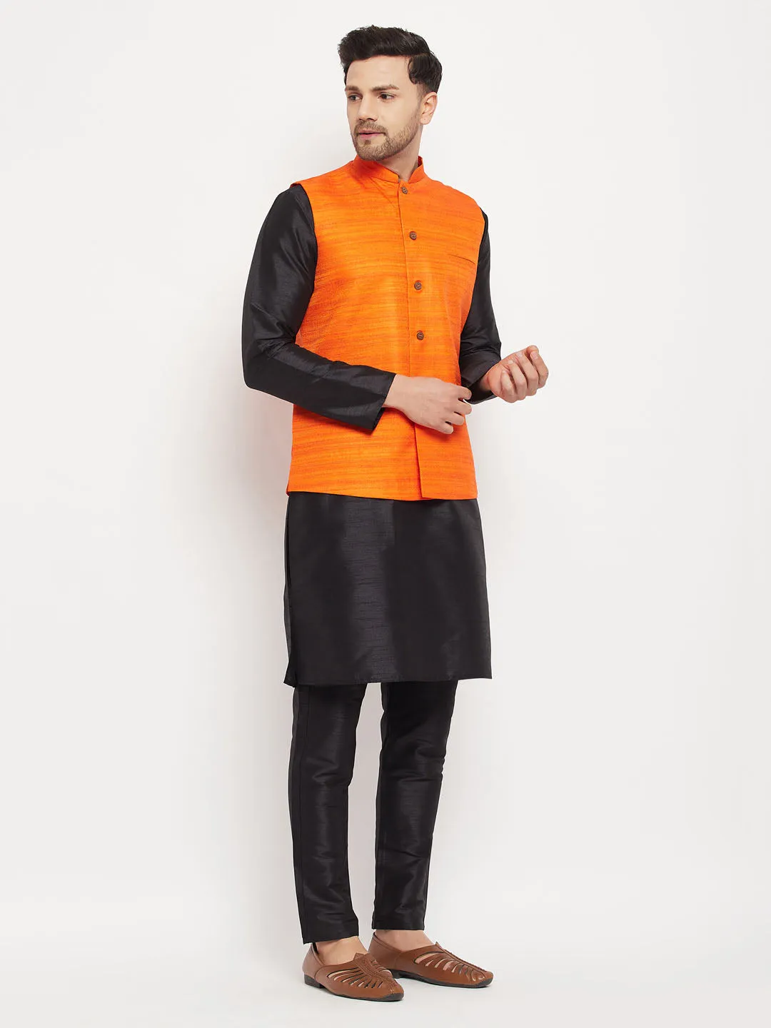 Jashvi Men's Orange Matka Silk Nehru Jacket With Black Silk Blend Kurta and Pant style Pyjama Set