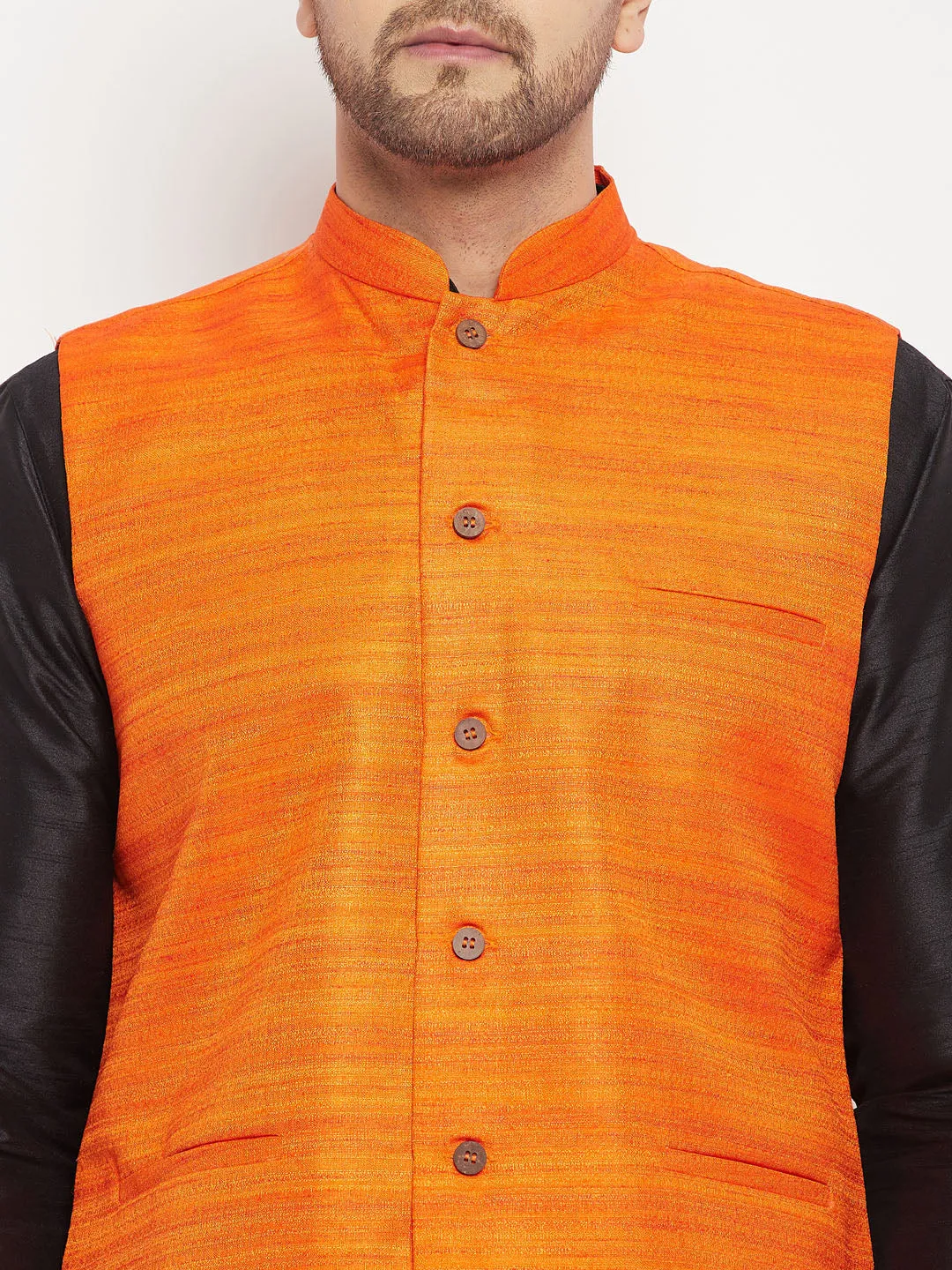 Jashvi Men's Orange Matka Silk Nehru Jacket With Black Silk Blend Kurta and Pant style Pyjama Set