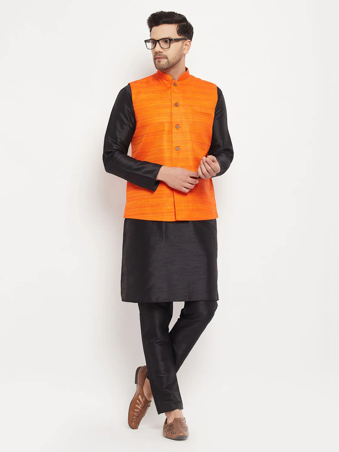 Jashvi Men's Orange Matka Silk Nehru Jacket With Black Silk Blend Kurta and Pant style Pyjama Set