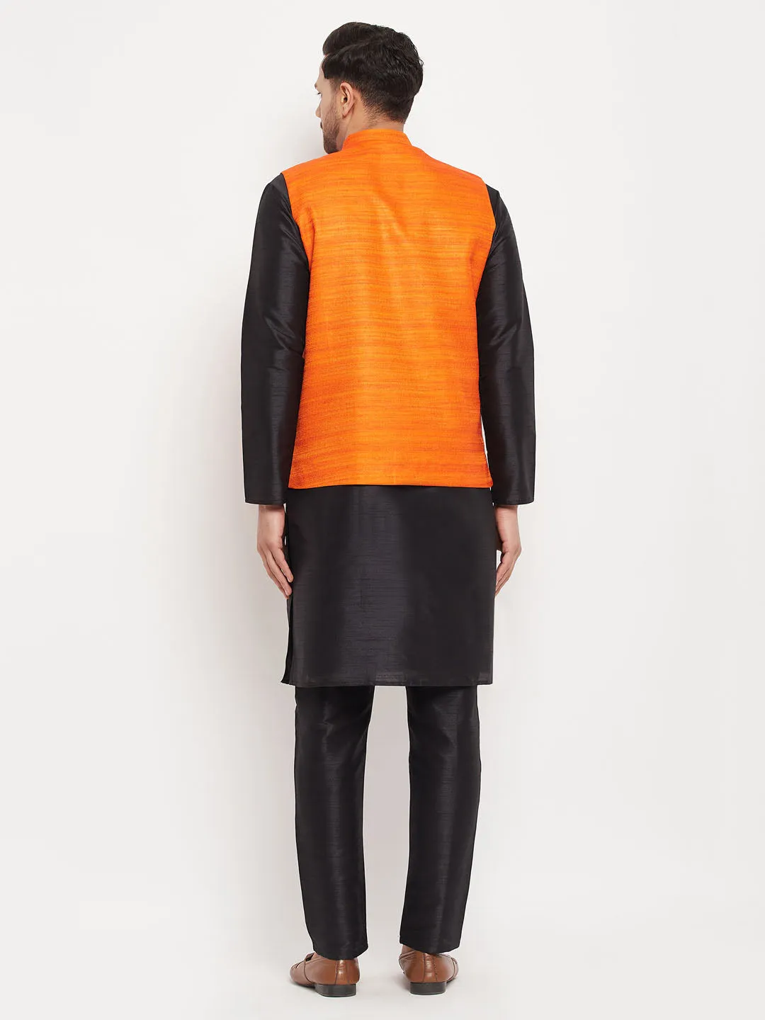 Jashvi Men's Orange Matka Silk Nehru Jacket With Black Silk Blend Kurta and Pant style Pyjama Set