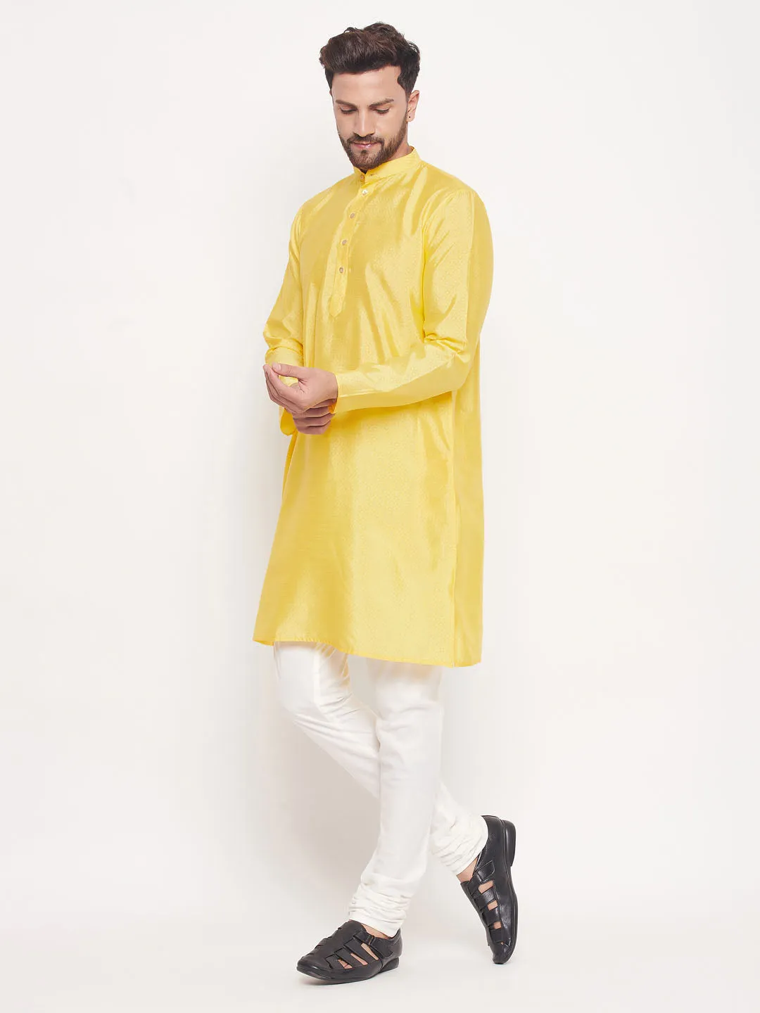 Jashvi Men's Yellow Square Woven Design Silk Blend Kurta With Cream Pyjama Set