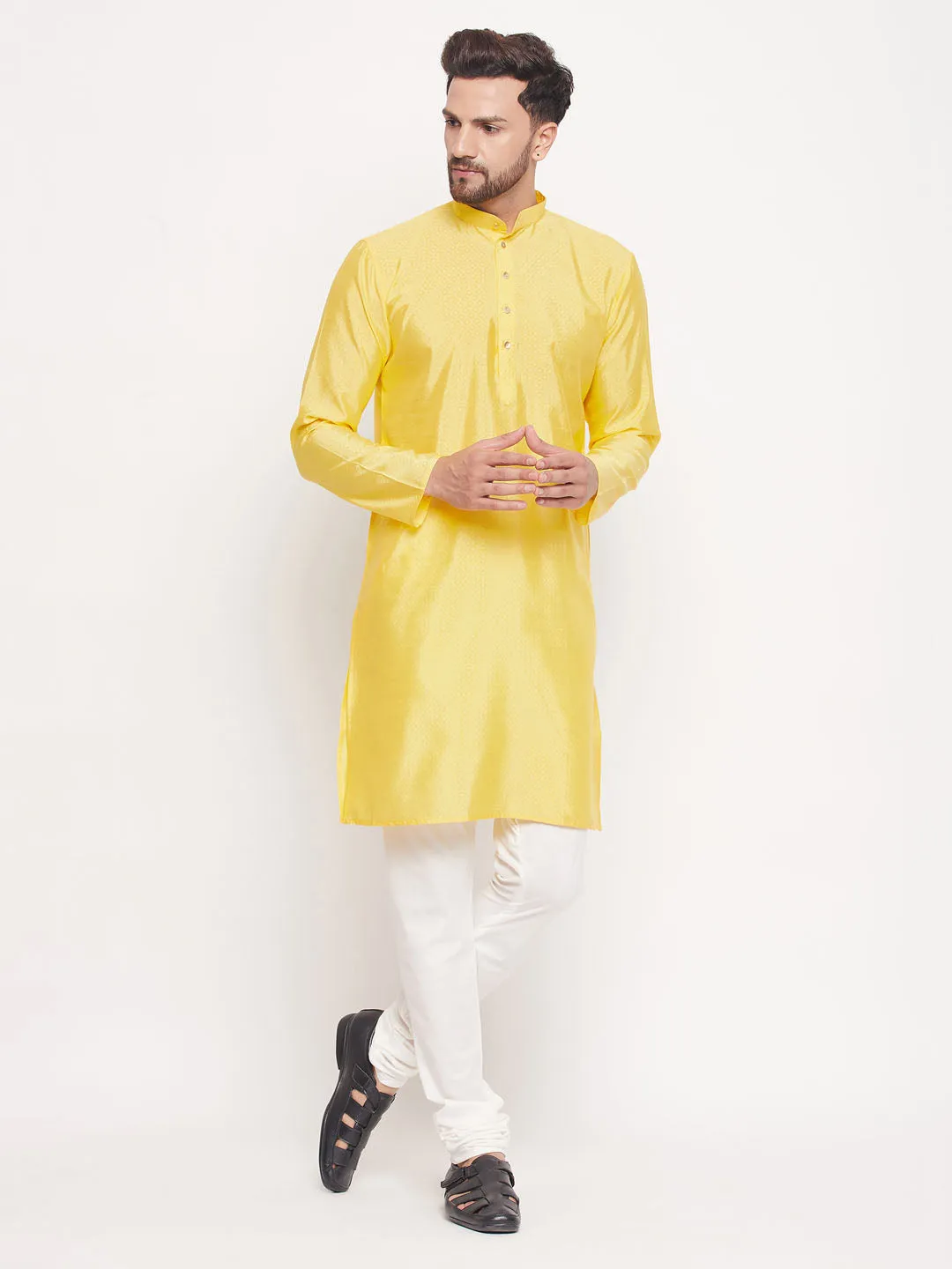 Jashvi Men's Yellow Square Woven Design Silk Blend Kurta With Cream Pyjama Set