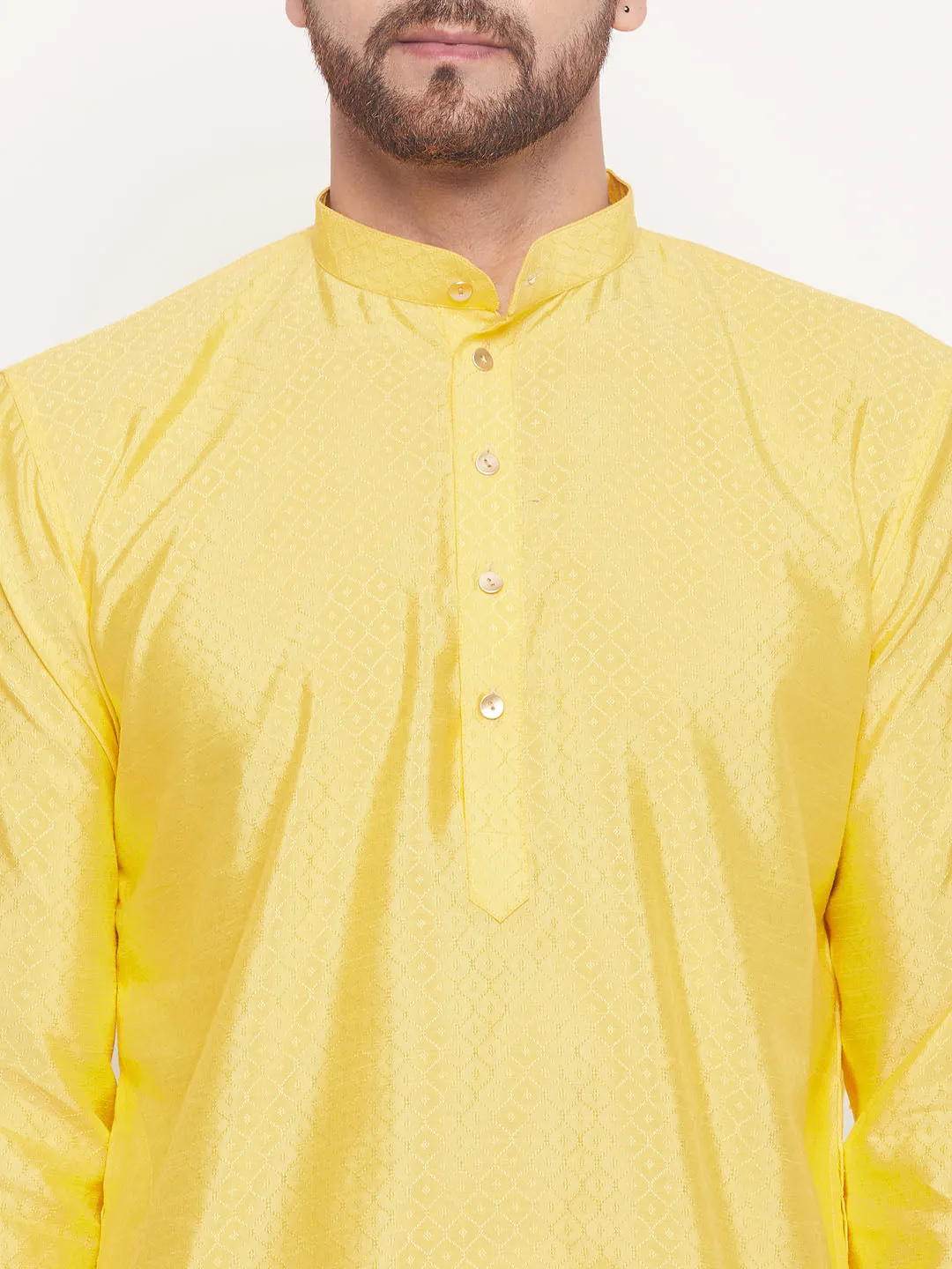 Jashvi Men's Yellow Square Woven Design Silk Blend Kurta With Cream Pyjama Set