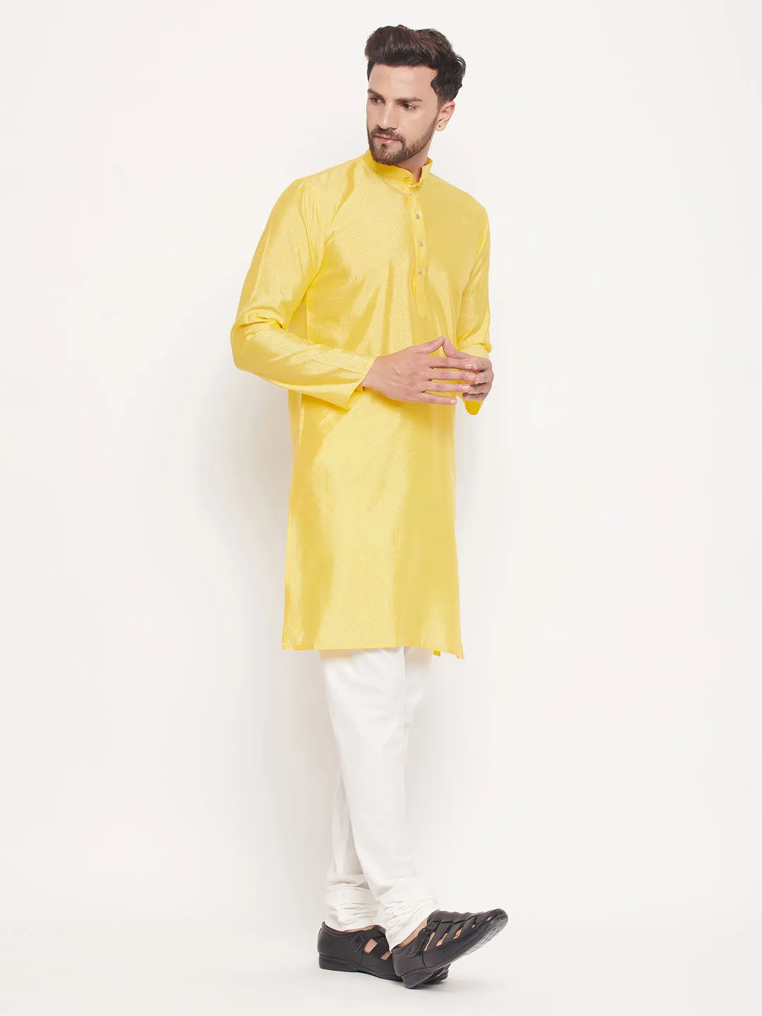 Jashvi Men's Yellow Square Woven Design Silk Blend Kurta With Cream Pyjama Set