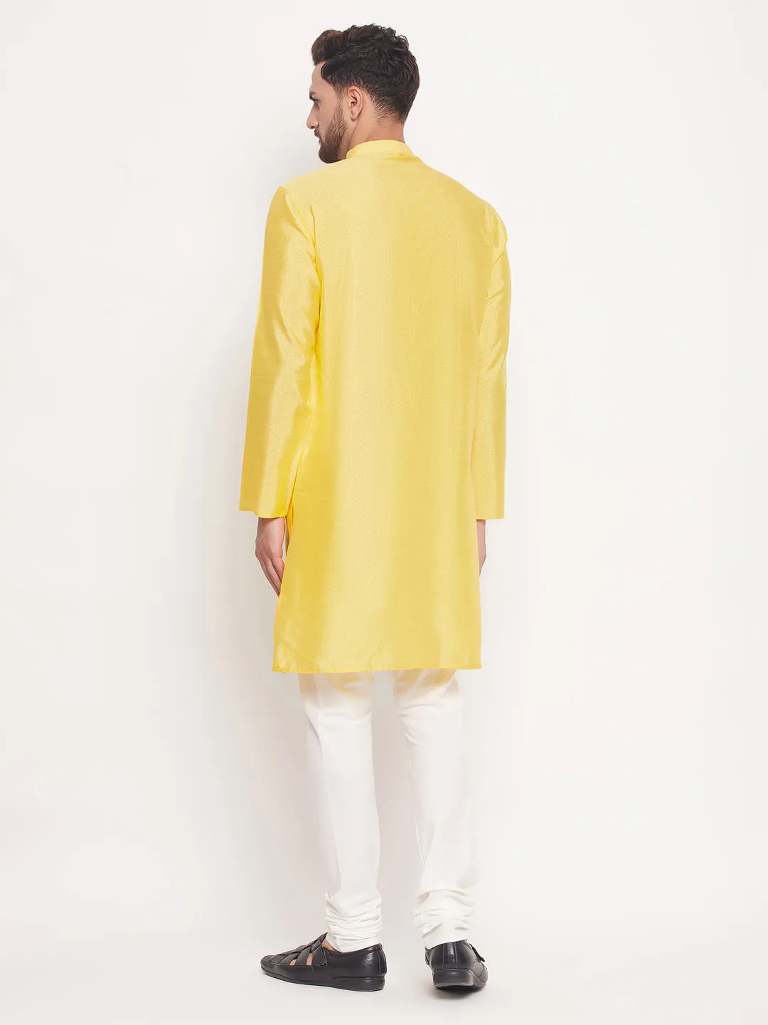 Jashvi Men's Yellow Square Woven Design Silk Blend Kurta With Cream Pyjama Set