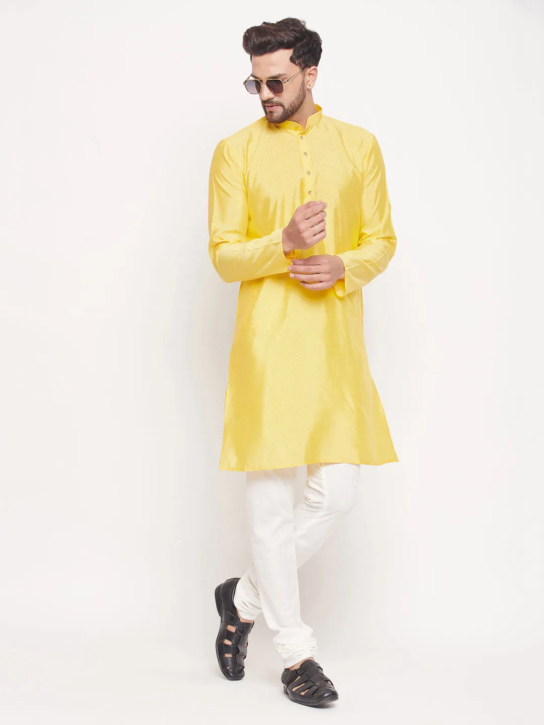 Jashvi Men's Yellow Square Woven Design Silk Blend Kurta With Cream Pyjama Set