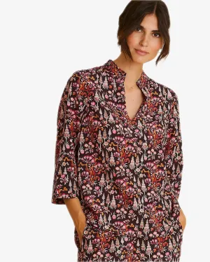 Kindra ¾ Sleeve Stretch Silk Printed Top, Dk. Red/Fuschia/ Pink