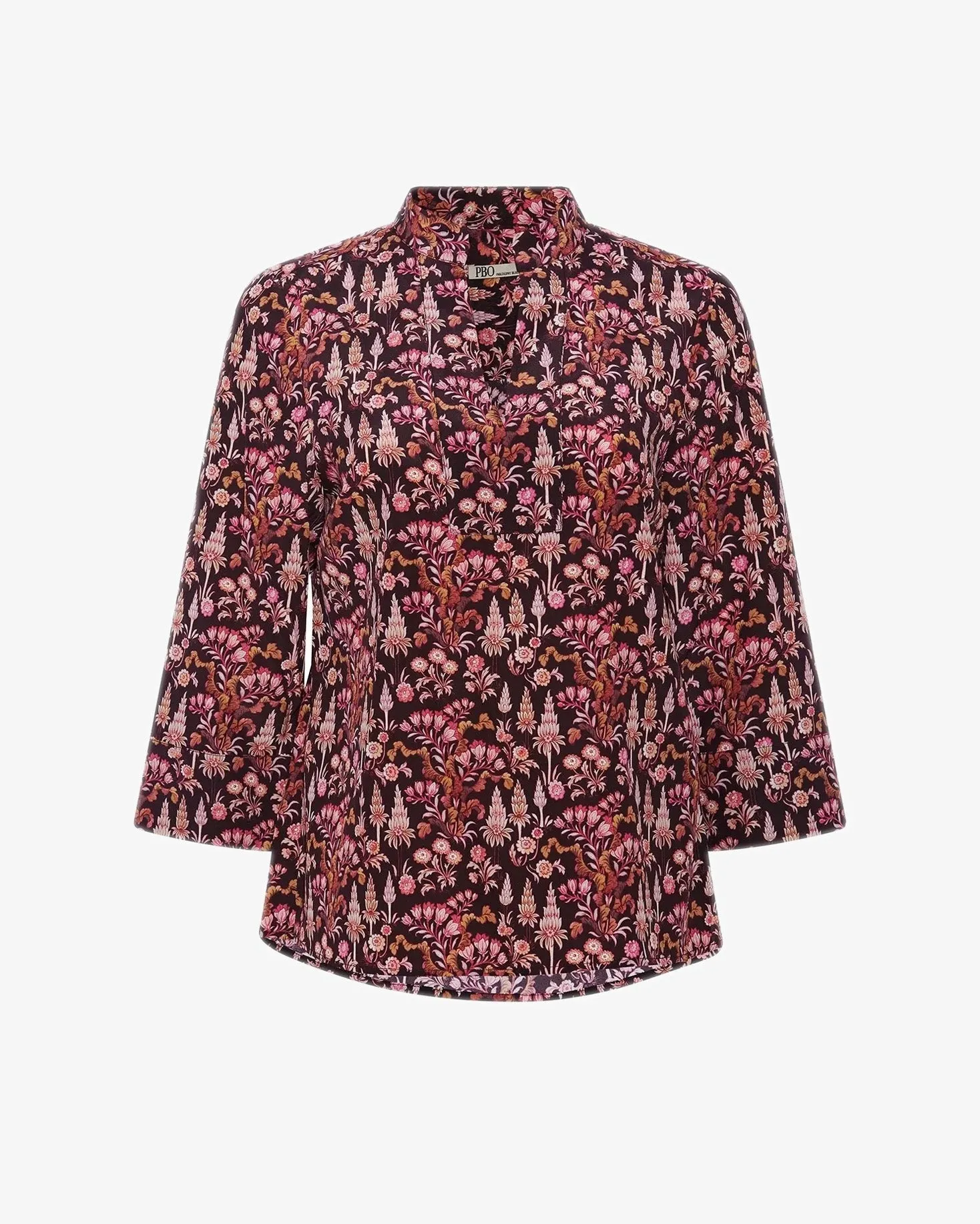 Kindra ¾ Sleeve Stretch Silk Printed Top, Dk. Red/Fuschia/ Pink