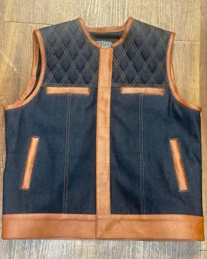 Leather Vest Diamond Quilted Tan Brown Leather Vest Blue Denim Vest Leather Men Vest Biker vest Motorcycle Vest Men Motorcycle Gifts For Men