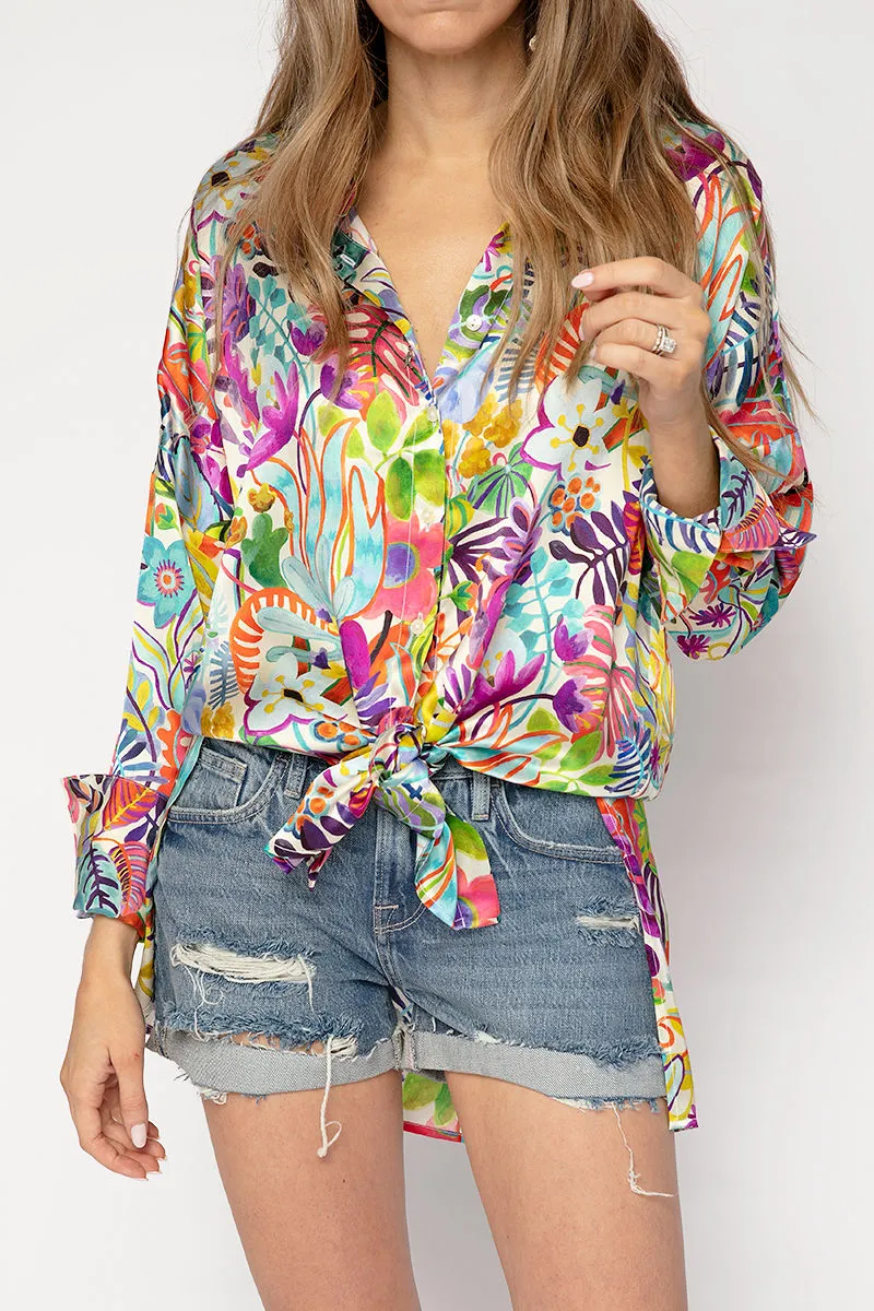 Long Silk Shirt Fiori Jungle in Bianco