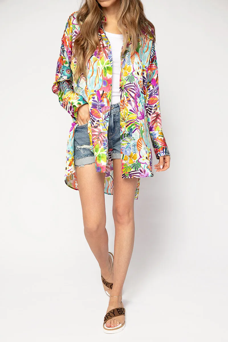 Long Silk Shirt Fiori Jungle in Bianco