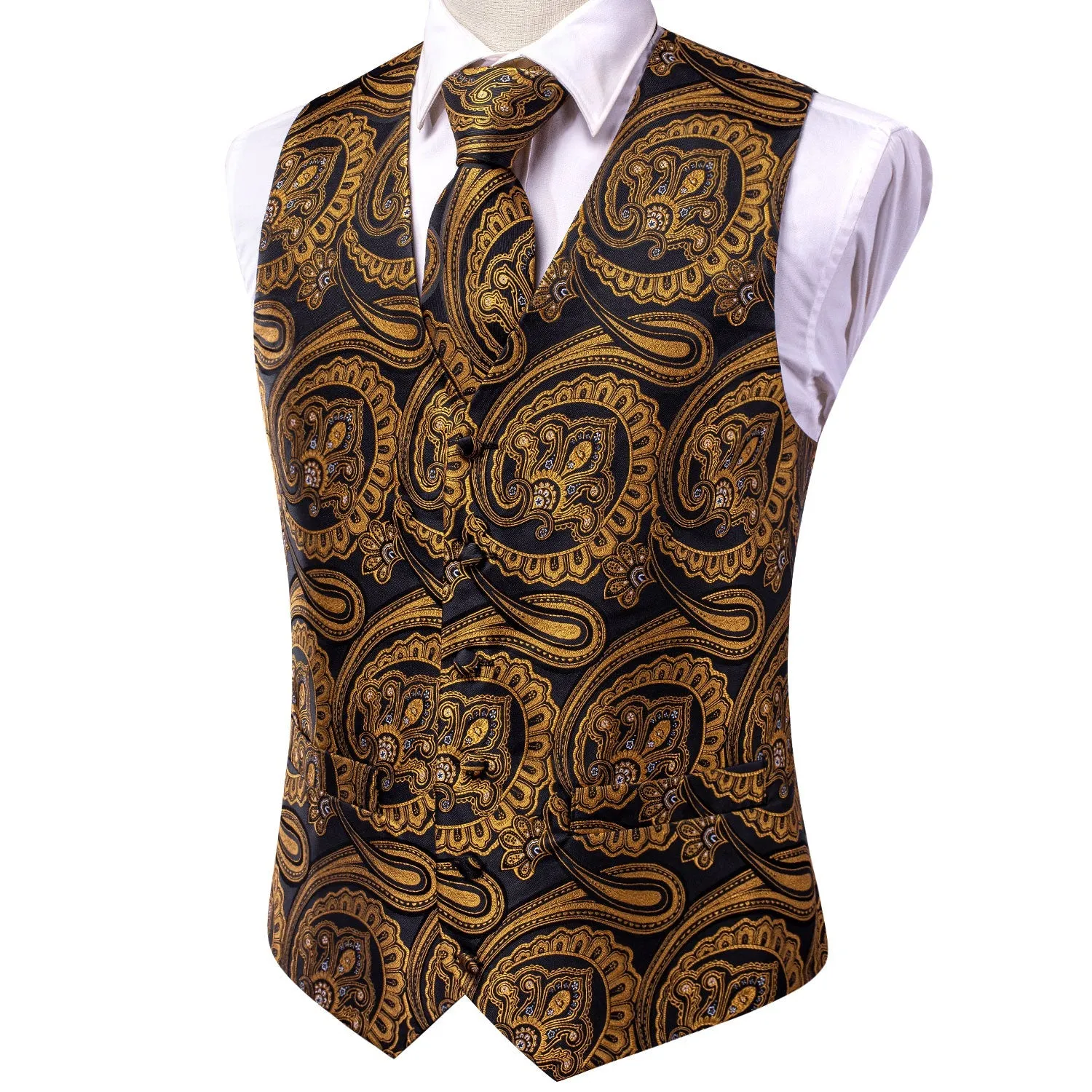 Luxury Black Golden Paisley Jacquard Silk Men's Vest Hanky Cufflinks Tie Set