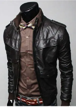 MEN BLACK SLIM FIT LEATHER JACKET WITH RIB COLLAR, MENS SLIM FIT JACKET