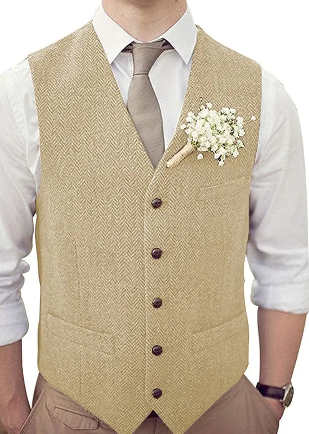 Men's Casual Suit Vest Herringbone V Neck Waistcoat