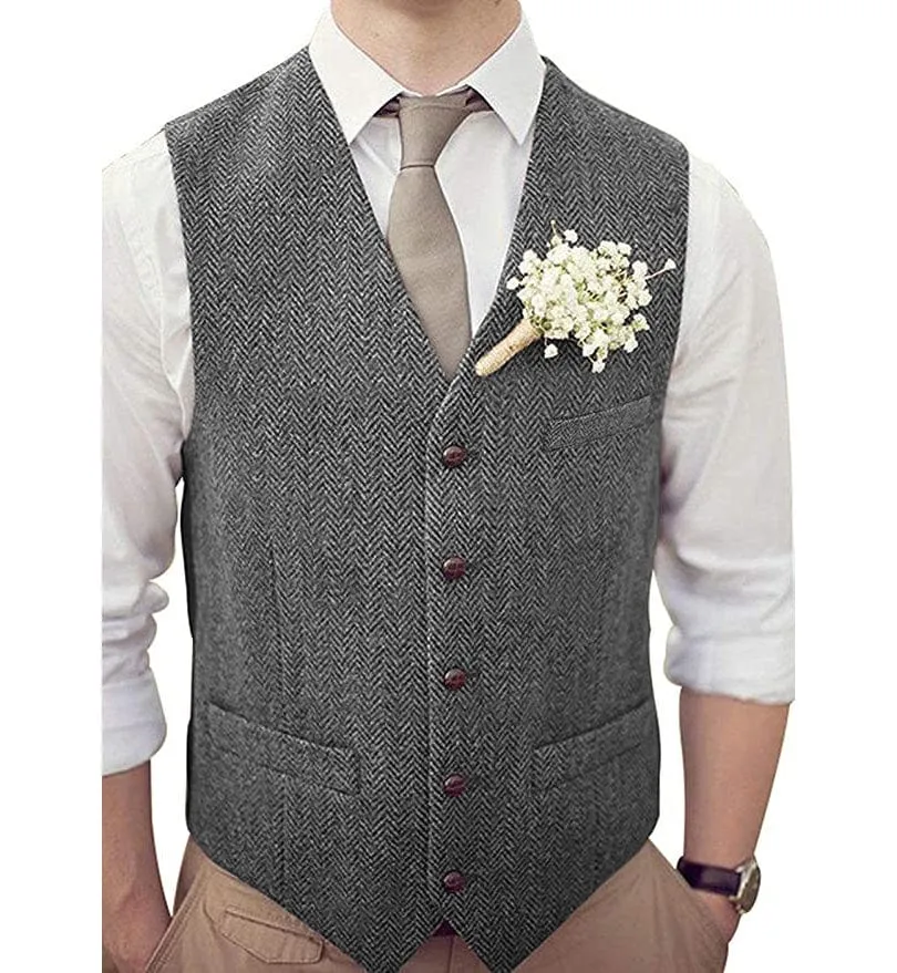 Men's Casual Suit Vest Herringbone V Neck Waistcoat