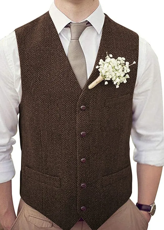 Men's Casual Suit Vest Herringbone V Neck Waistcoat