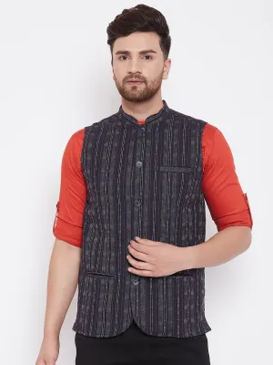 Men's Ethnic Jacquard Navy Blue Nehru Jacket - Even Apparels