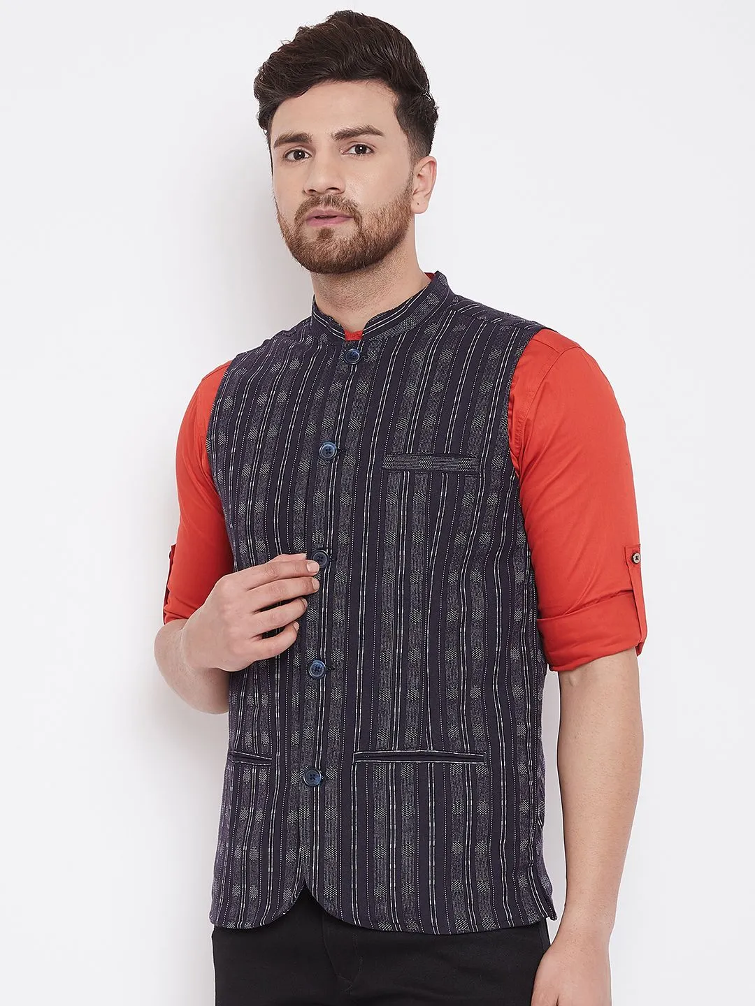 Men's Ethnic Jacquard Navy Blue Nehru Jacket - Even Apparels