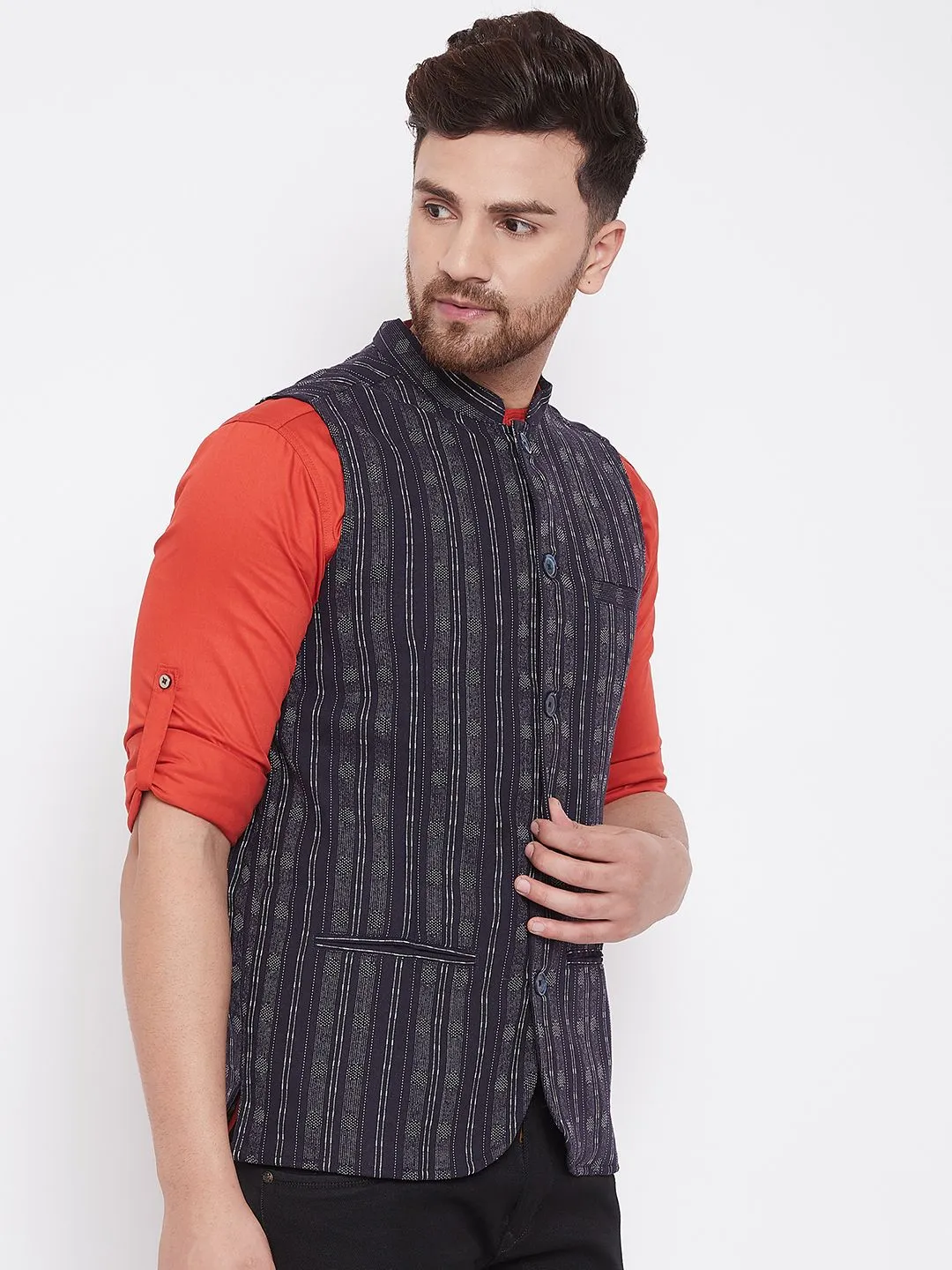 Men's Ethnic Jacquard Navy Blue Nehru Jacket - Even Apparels