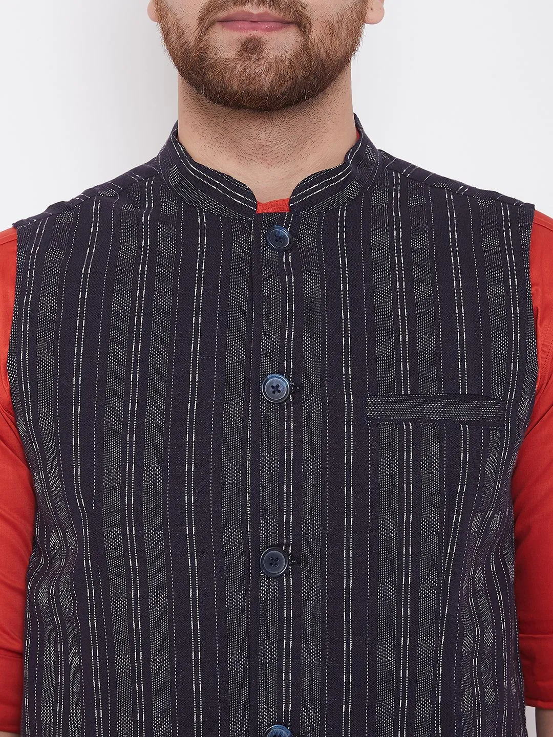 Men's Ethnic Jacquard Navy Blue Nehru Jacket - Even Apparels