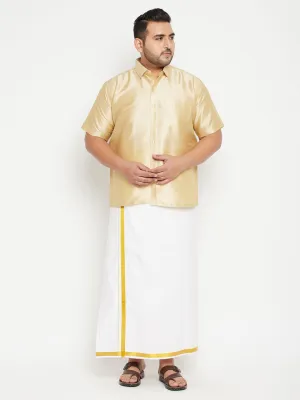 Men's Plus Gold And White Silk Blend Shirt And Mundu Set - Vastramay