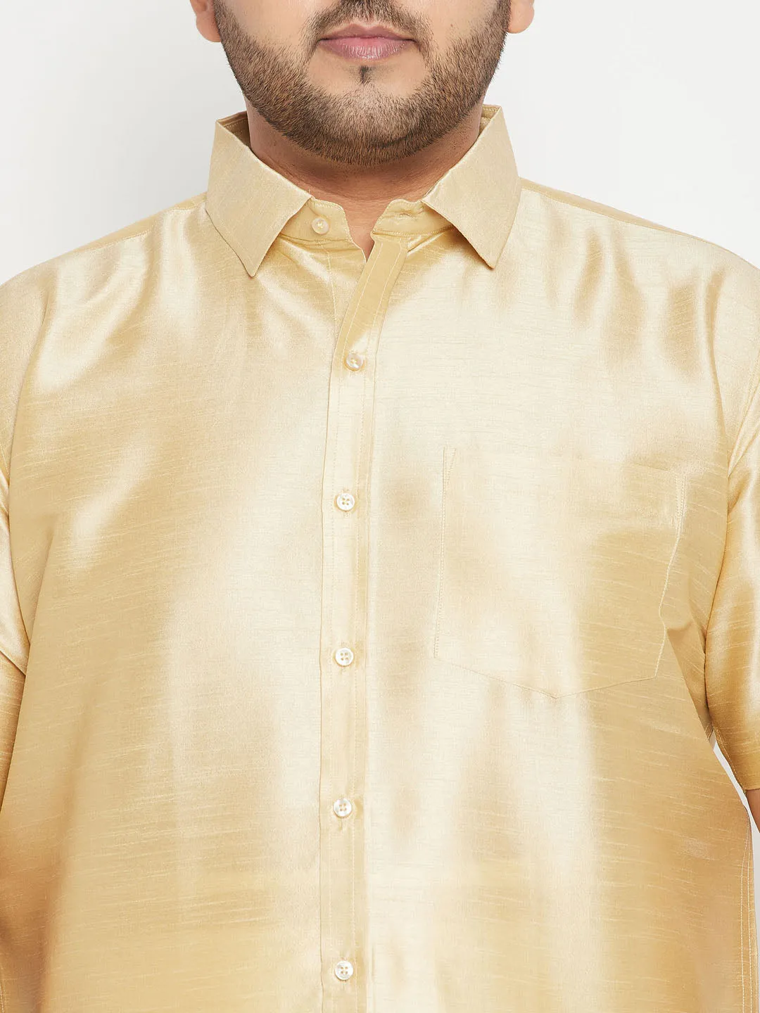 Men's Plus Gold And White Silk Blend Shirt And Mundu Set - Vastramay