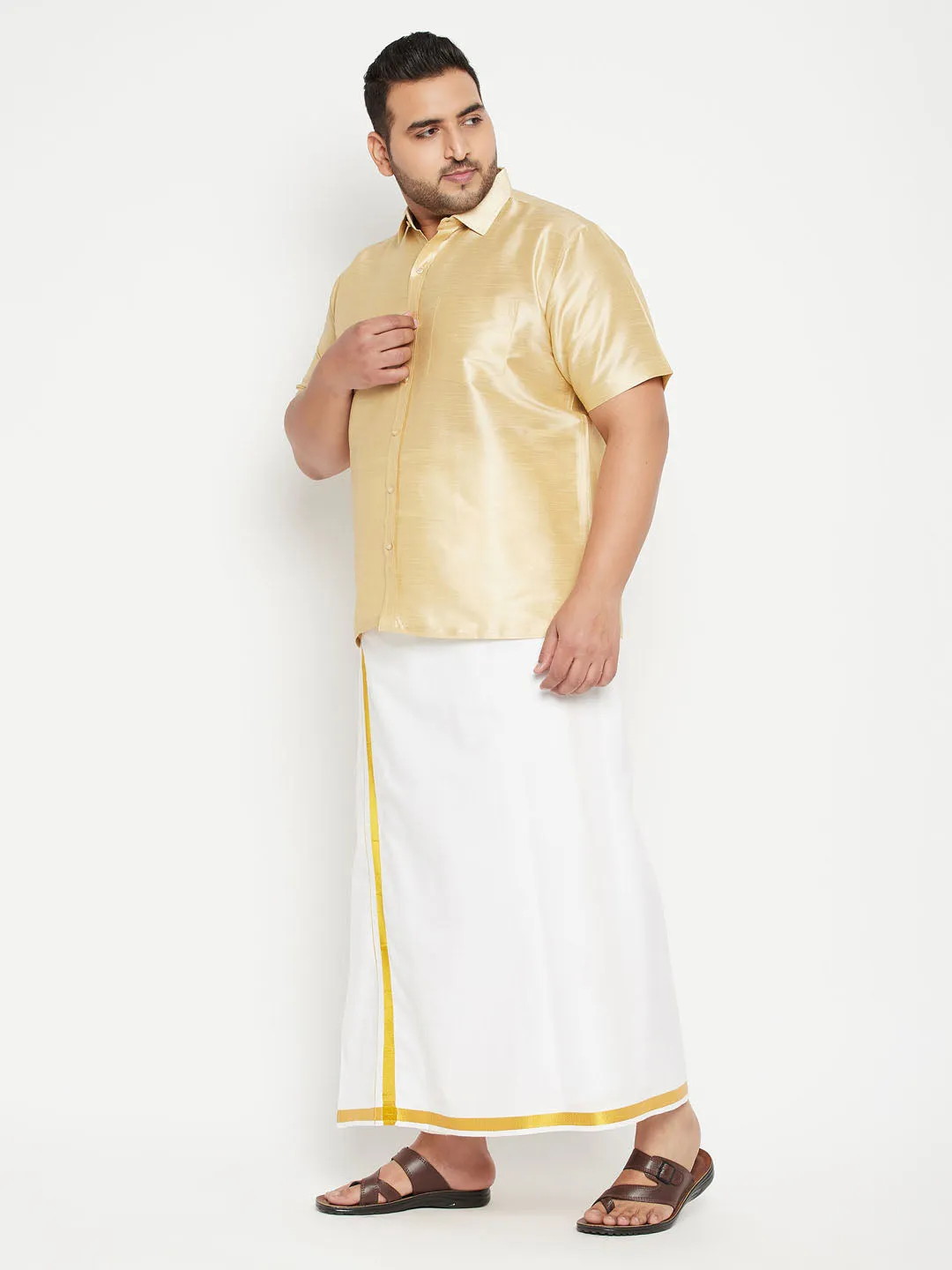 Men's Plus Gold And White Silk Blend Shirt And Mundu Set - Vastramay